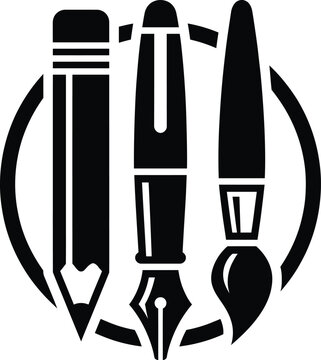 Creative artist tools icon with pencil fountain pen and paint brush