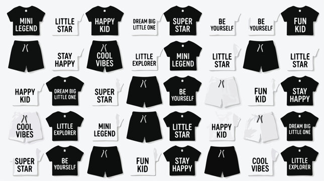 Minimalist kids apparel collection, black and white children's t-shirts and shorts set, modern streetwear vector outfit with inspirational quotes