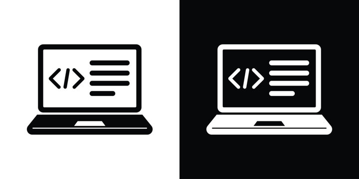 Computer monitor showing programming code brackets and text lines, presented in flat black and white outline vector variations.