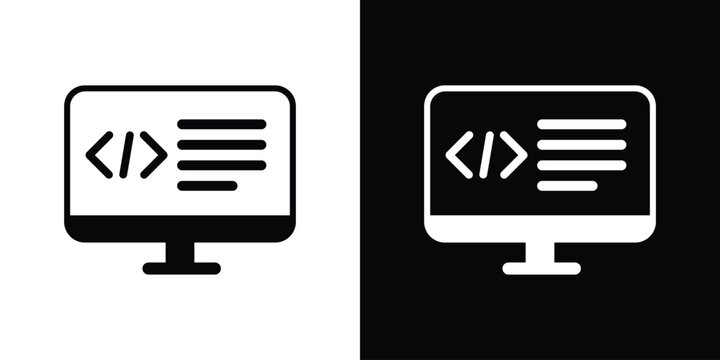 Computer monitor showing programming code brackets and text lines, presented in flat black and white outline vector variations.