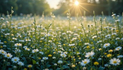Fototapeta premium Enchanted Flower Field at Sunrise with Crystal Dew and Dreamlike Fantasy Atmosphere