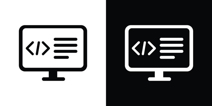 Computer monitor showing programming code brackets and text lines, presented in flat black and white outline vector variations.
