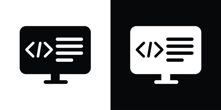 Computer monitor showing programming code brackets and text lines, presented in flat black and white outline vector variations.