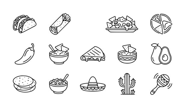 Mexican food icon set tacos burrito vector illustration