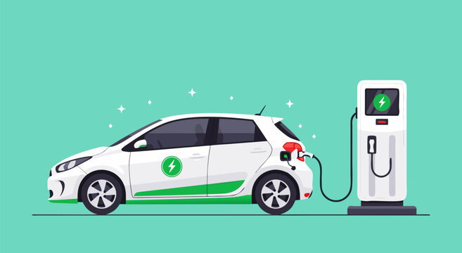 Electric car charging at station vector illustration with green accents and modern design
