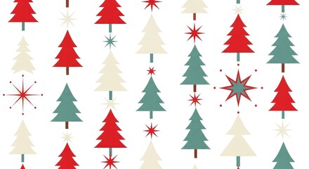 Obraz premium Mid-century modern holiday pattern featuring repeating geometric trees, stars, and diamonds in festive red, muted teal, and ivory on white, diamond, backdrop, star