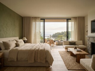 Obraz premium Muted Olive Luxury Hotel Room with Balcony and Earthy Quiet Luxury Decor