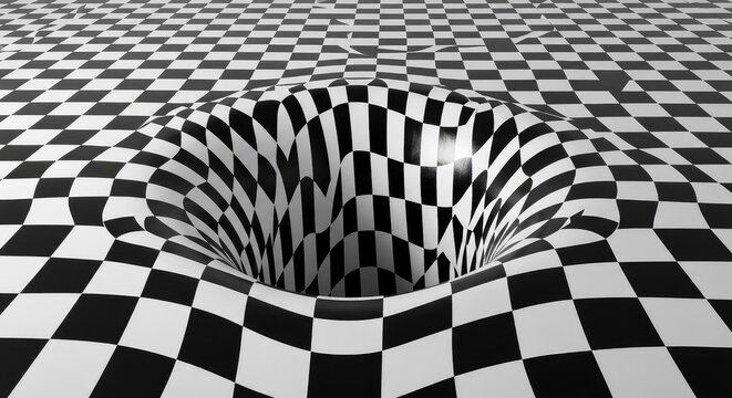 A mesmerizing optical illusion featuring a distorted checkered floor with black and white tiles that seem to warp and melt into a void, graphics, bending, hypnotic