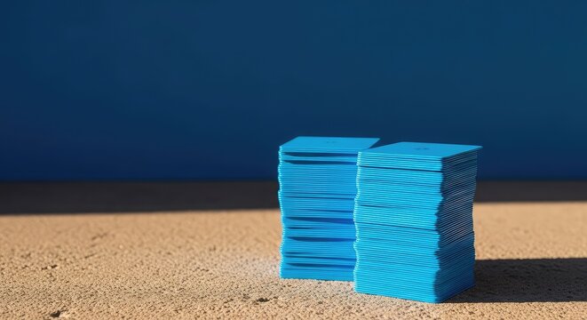Dos pilas de tarjetas azules se apoyan sobre una superficie de cemento rugosa bajo la luz del sol, con un fondo azul s&oacute;lido y minimalista, element, stacks, industrial