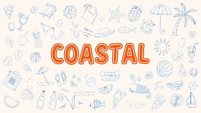 A collection of hand drawn coastal elements and tropical fruits is displayed as a light blue vector illustration beachcombing beach seashore