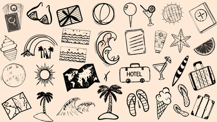 Collection of hand drawn travel themed elements including a seashell suitcase and palm tree sketches beach holiday tourism vacation tropical seascape © Riya