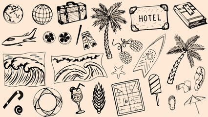Collection of travel themed sketches including a globe airplane palm tree and hotel sign in black and white beach black and white boarding pass © Riya