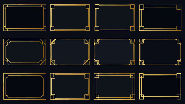 Ten rectangular and rounded gold frames arranged in a grid on a black background decorative vector illustration art deco border decorative frame design element