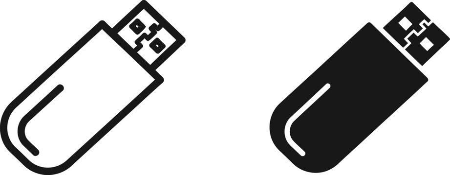USB flash drive icon in black and white outline on white background for data storage