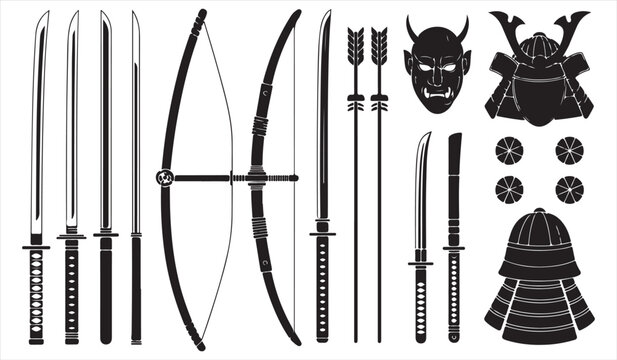 Traditional samurai equipment illustration featuring helmet swords and bow weapons