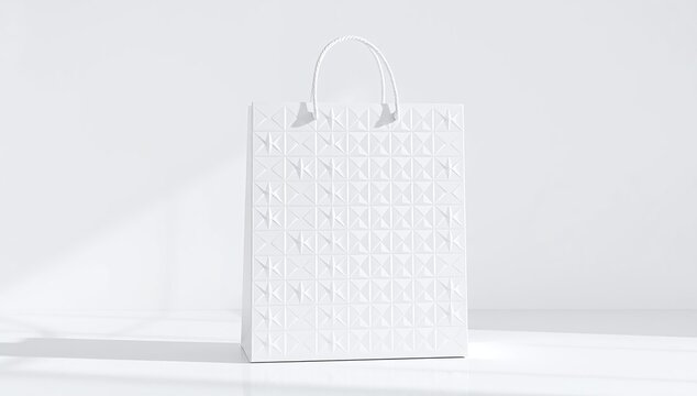 Minimalist white shopping bag mockup with parametric 3D geometric pattern