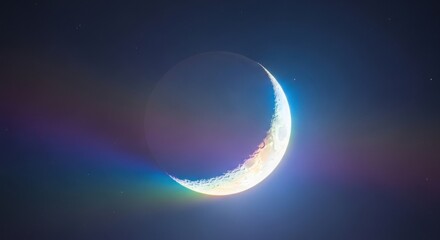 Fototapeta premium Glowing crescent moon in night sky with colorful light refraction and lens flare effects