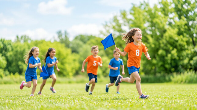 Children playing capture the flag while running in a sunny field  