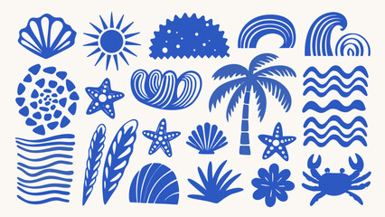Collection Of Blue Marine Life And Coastal Elements A Flat Vector Illustration Arrangement aquatic beach coast coral crab crest decorative element © SayanKumar