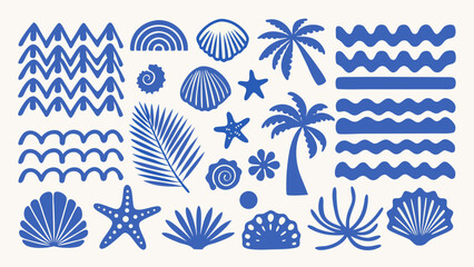Collection of blue vector illustrations depicting seashells palm leaves waves and starfish on a light background aquatic beach coastal coral curve © SayanKumar