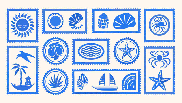 Collection Of Blue Beach And Marine Life Icons In Rectangular And Circular Frames oceanic symbols sea creatures coastal imagery summer emblems