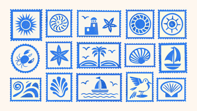 Collection Of Nautical And Coastal Icons In Blue Presented As Stamps On A Light Background beach imagery marine life oceanic symbols