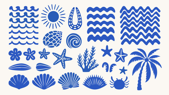 Blue marine life and botanical vector illustration featuring shells waves a sun and a palm tree aquatic beach coast collection coral