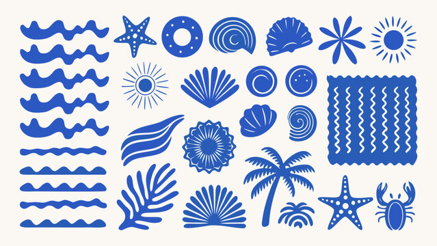 Blue marine life and wave pattern collection a flat vector illustration with solid fills aquatic oceanic seashell nautical sea underwater coastal