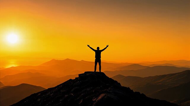 Silhouette of a Man Celebrating Success on Mountain Top at Sunset