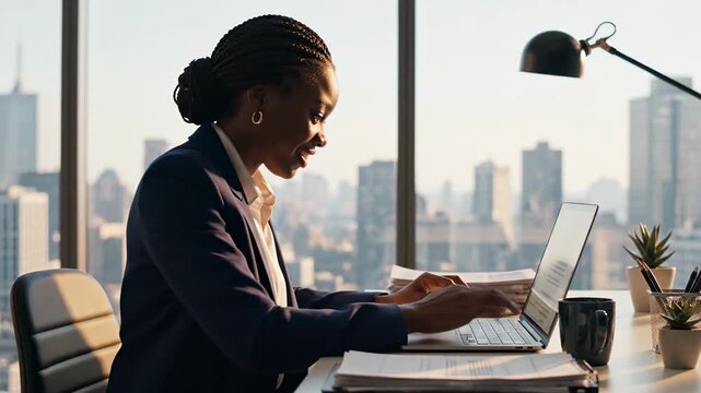 Businesswoman working on laptop computer.
