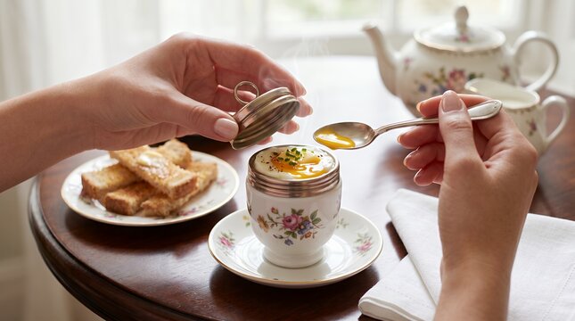 Traditional Coddled Eggs with Cream and Butter in Porcelain Egg Coddlers