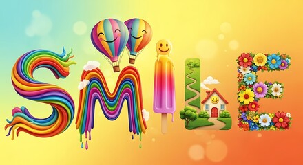 Fototapeta premium Colorful abstract floral background with butterflies and rainbow swirls for happy spring celebration design