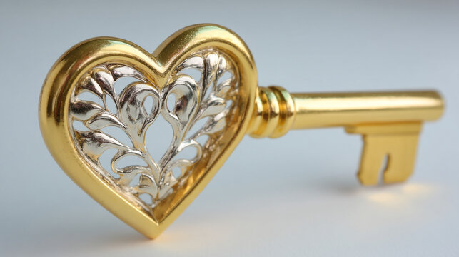 Elegant golden heart-shaped skeleton key with ornate silver filigree detailing for unlocking love