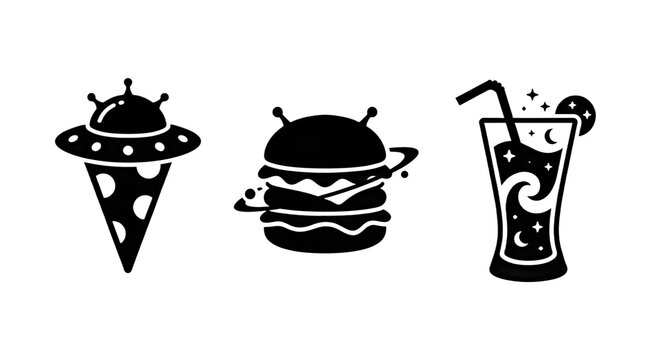 Cute Alien Food Icon Set &ndash; Space Burger, Galaxy Drink and UFO Pizza Cartoon Icons
