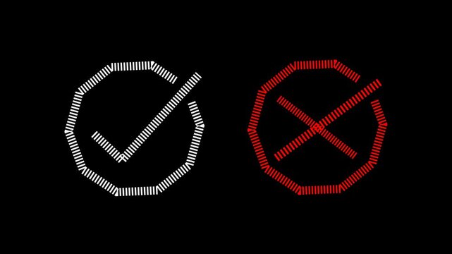 White check mark in circle and red diagonal lines on black tick symbol