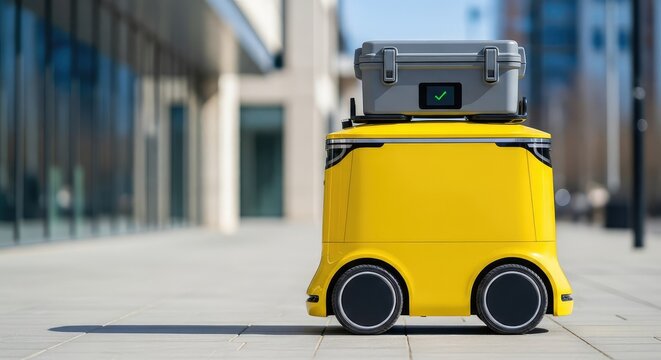 A bright yellow autonomous delivery robot moves along a paved sidewalk carrying a secure storage box for transporting various goods and food, automated, future, robot