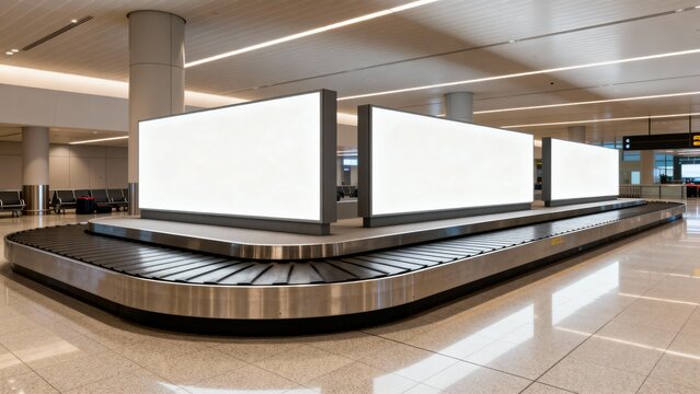 Blank billboard mockups at airport baggage claim conveyor belt