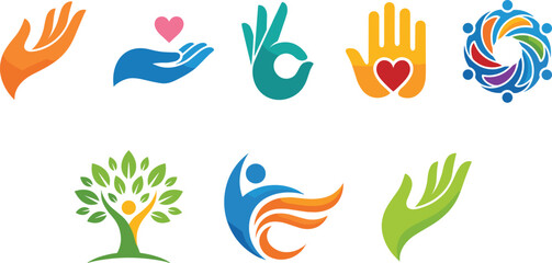 Obraz premium Creative community care and wellness logo collection with abstract human hands heart and nature vector symbols