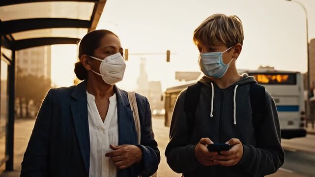 Mother and son wearing face masks wait at a city bus stop during sunset