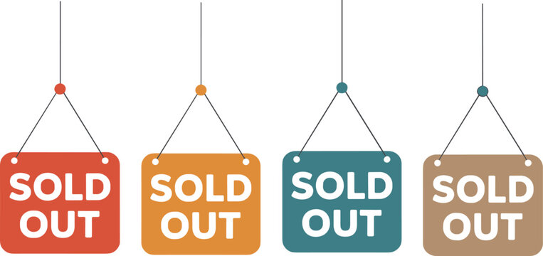 Sold out hanging signage illustrations with colorful retail signs, unavailable product graphics, marketing display icons, and vector design concepts