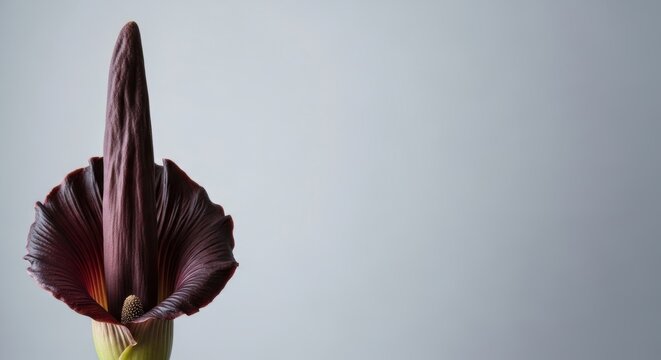 Dracunculus vulgaris flower also known as dragon lily on grey background ideal for botanical and nature themed designs with copy space