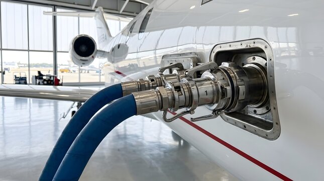 Close-up of a fuel hose nozzle connected to the refueling port of a private jet airplane in a hangar, concept of aviation fueling, aircraft kerosene refuel and air transport ground operations