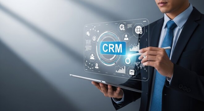 Businessman interacting with crm software on a tablet
