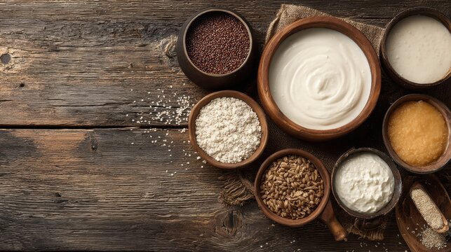 Baking ingredients showcased. Artisanal baking supplies displayed. Selection of ingredients for handcrafted bread making. Display of baking essentials including flours and starters for artisan recipes