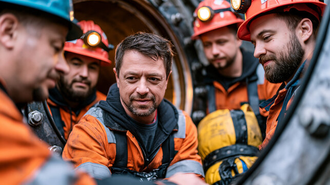 Confined space permit coordinator conducts a pre-entry toolbox talk with a four-person crew beside a steel vessel manway opening, laminated atmospheric testing results visible, personal escape sets 