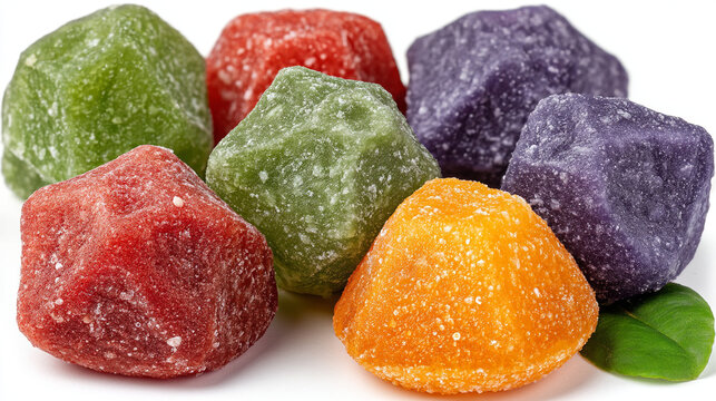 Collection of colorful crystal-like hard candies or gummies in various hues including red green