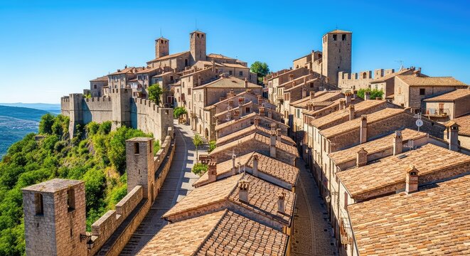 A scenic medieval town perched on a steep hill featuring stone fortifications, narrow cobblestone streets, and historic tile-roofed houses, ancient, defensive, ruins