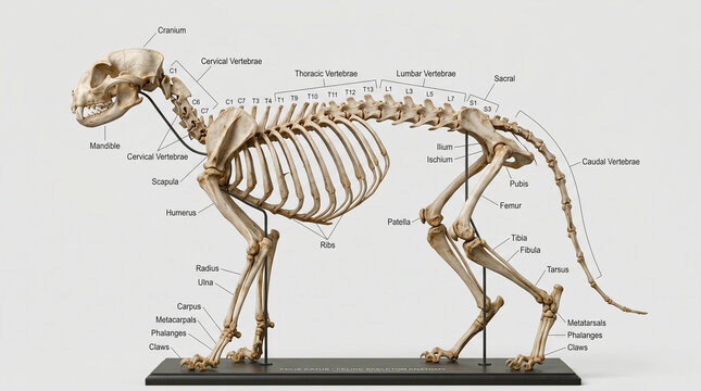 Feline skeleton anatomy diagram with detailed bone structure labels.