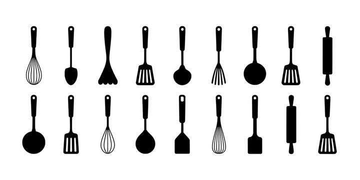 Kitchen utensils set with various cooking tools and gadgets featuring spatula, whisk, ladle with grater and masher elements for tongs, meat cleaver