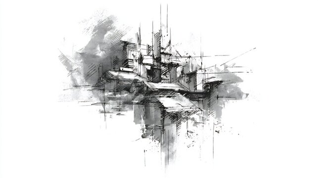 Rough conceptual architectural draft with loose ink lines and shaded monochrome blocks